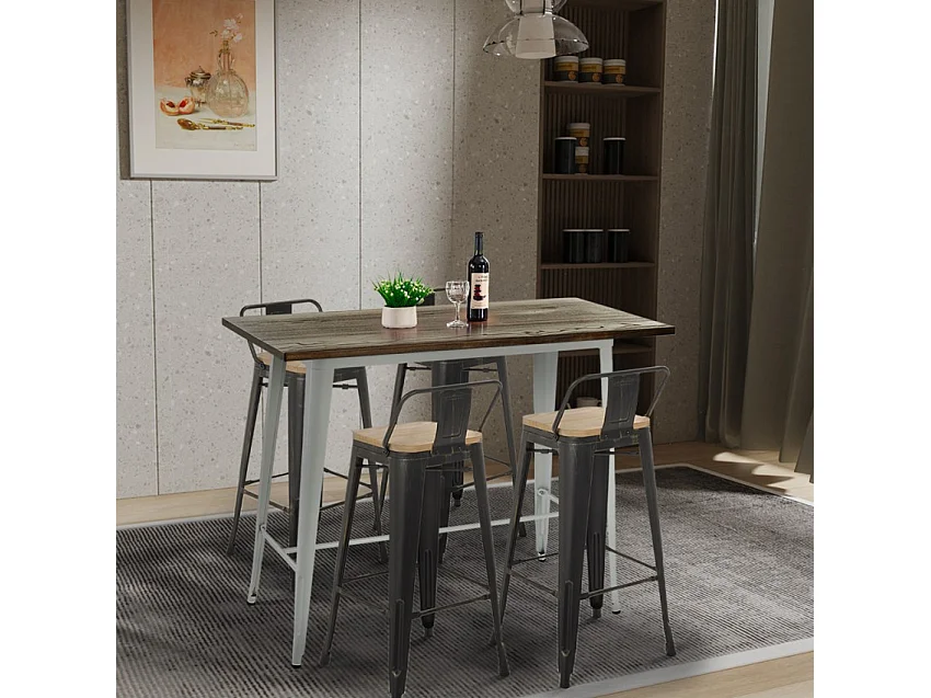 conjunto mesa alta blanca industrial 4 taburetes de bar respaldo palmyra - Natural