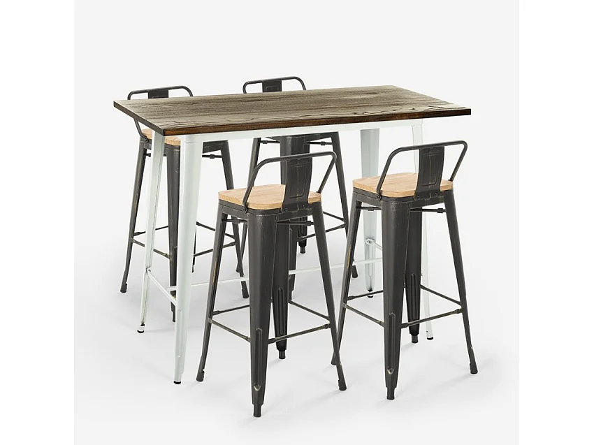 conjunto mesa alta blanca industrial 4 taburetes de bar respaldo palmyra - Natural