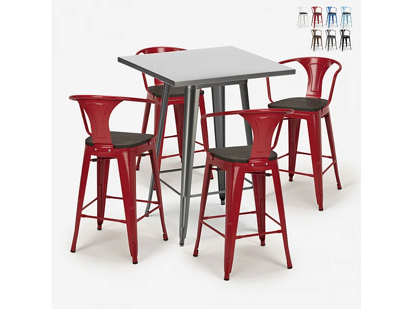 juego mesa alta industrial 60 x 60 cm 4 taburetes madera metal bucket wood - Rojo