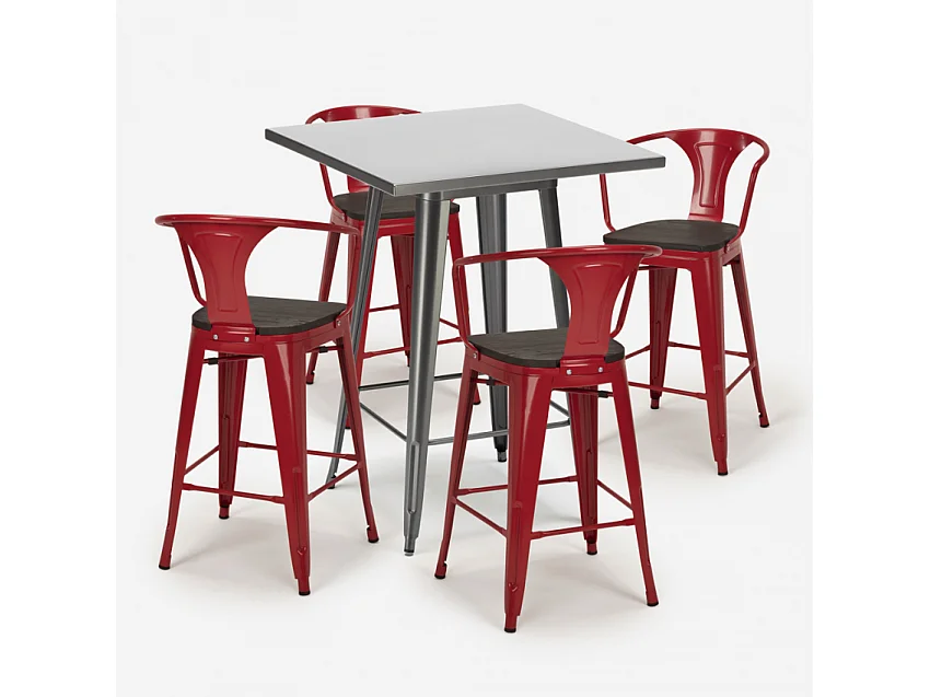 juego mesa alta industrial 60 x 60 cm 4 taburetes madera metal bucket wood - Rojo
