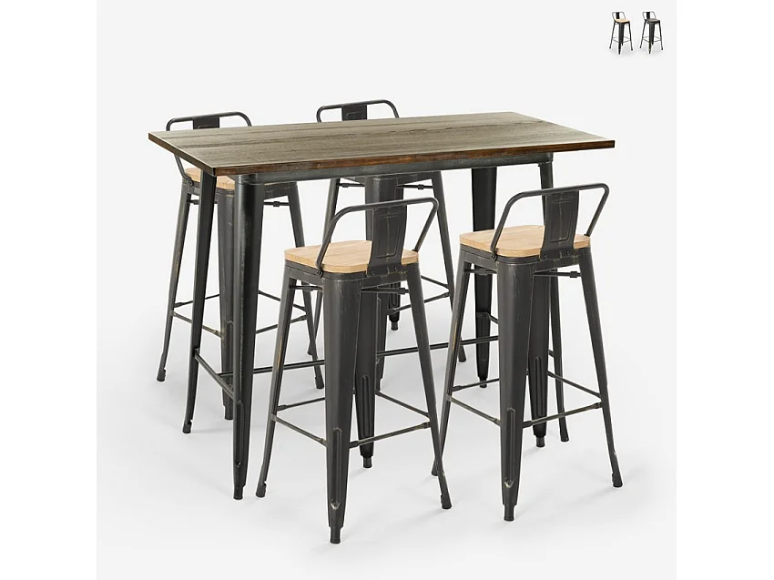 set  tisch 120x60 4 hocker mit rückenlehne vintage schwarz bar blackduck - Natur