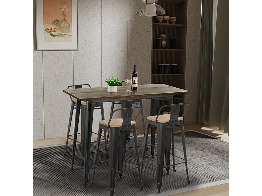 set  tisch 120x60 4 hocker mit rückenlehne vintage schwarz bar blackduck - Natur