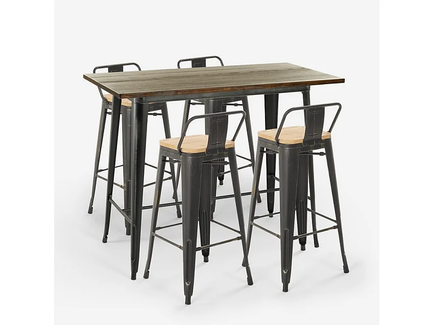 set  tisch 120x60 4 hocker mit rückenlehne vintage schwarz bar blackduck - Natur