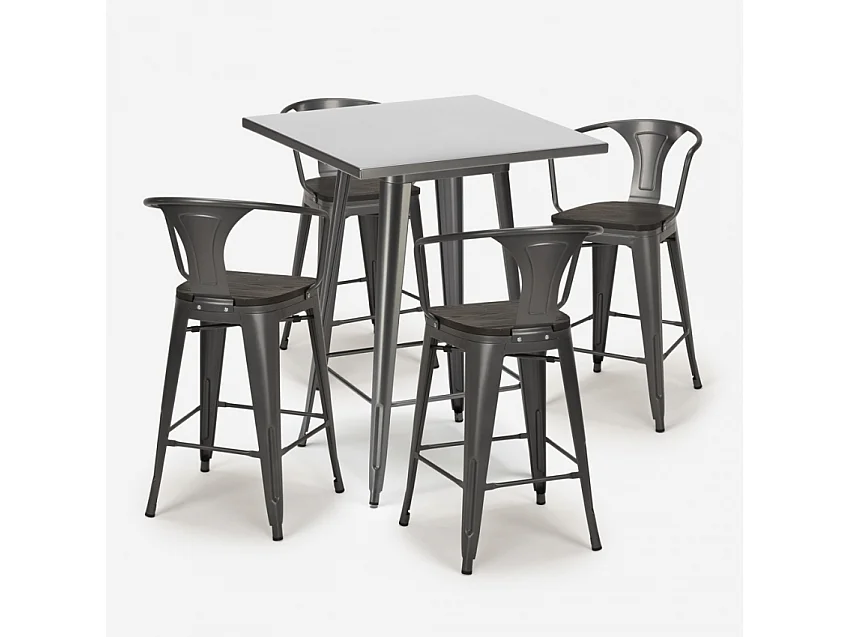 juego mesa alta industrial 60 x 60 cm 4 taburetes madera metal bucket wood - Gris Oscuro