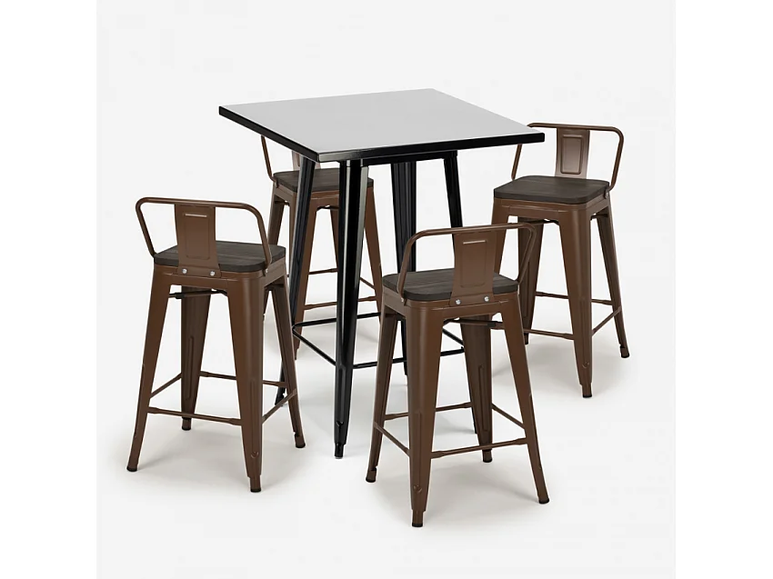 set 4 sgabelli industriale tavolino metallo nero 60x60cm buch black - Marrone
