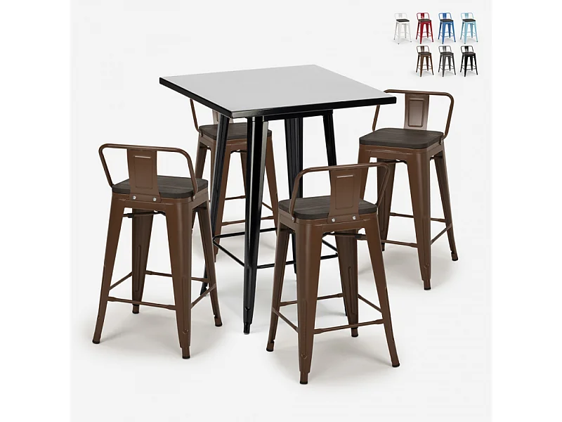 set 4 sgabelli industriale tavolino metallo nero 60x60cm buch black - Marrone