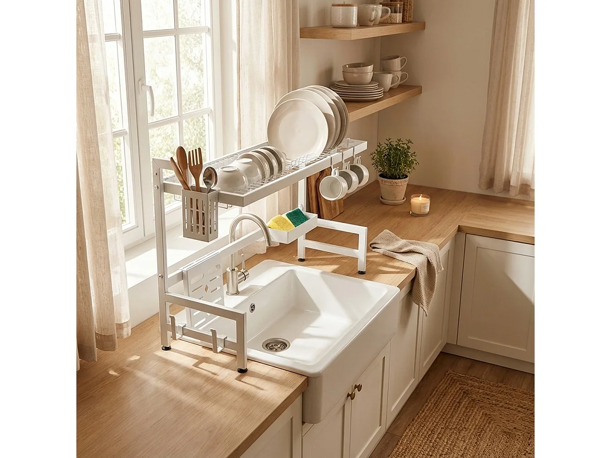 Escurridor de platos vertical de cocina para fregadero color negro y blanco Nalan - Blanco