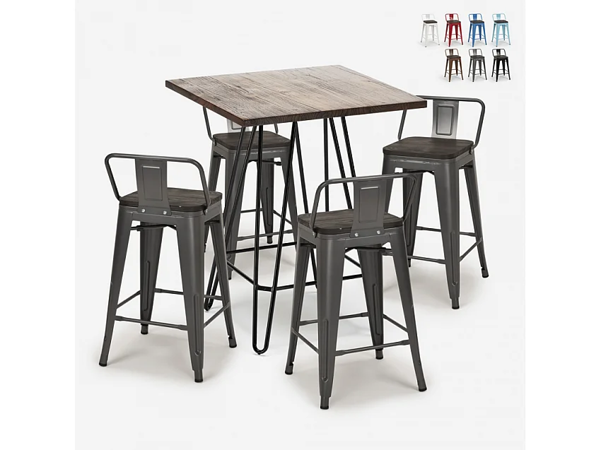 juego mesa madera metal 60 x 60 cm 4 taburetes mason noix steel top - Gris Oscuro