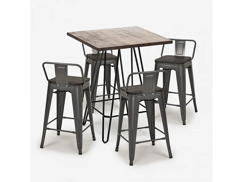 juego mesa madera metal 60 x 60 cm 4 taburetes mason noix steel top - Gris Oscuro