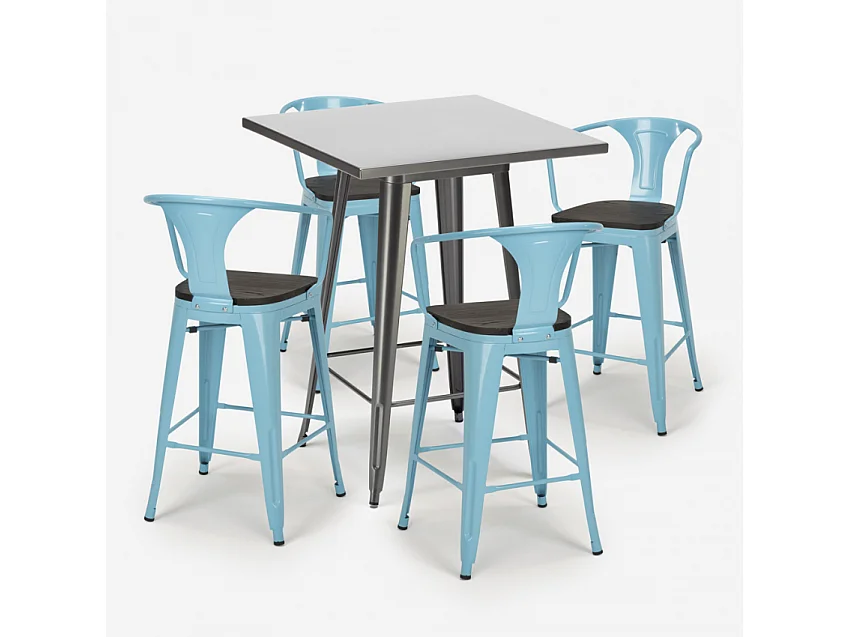 juego mesa alta industrial 60 x 60 cm 4 taburetes madera metal bucket wood - Azul