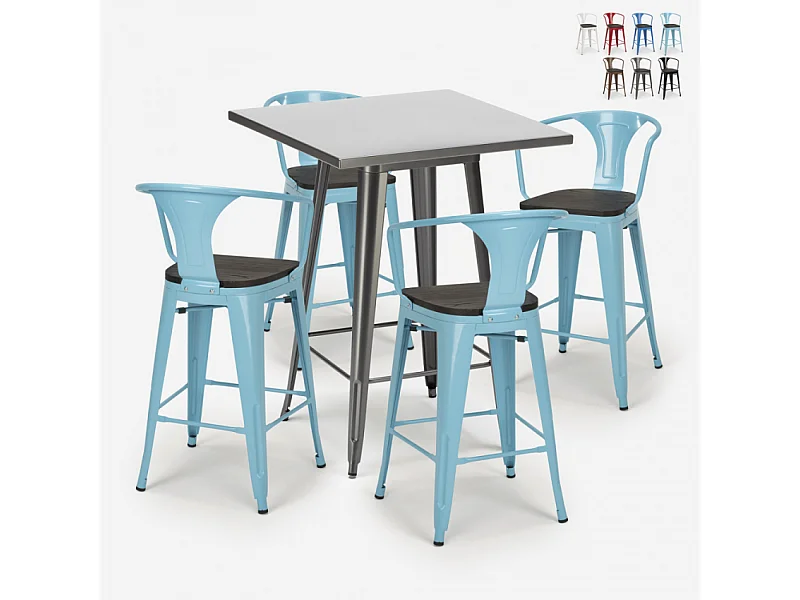 juego mesa alta industrial 60 x 60 cm 4 taburetes madera metal bucket wood - Azul