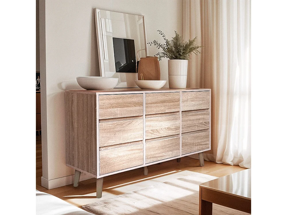 Commode en bois salon chambre 9 tiroirs 120x40x72cm Vudan
