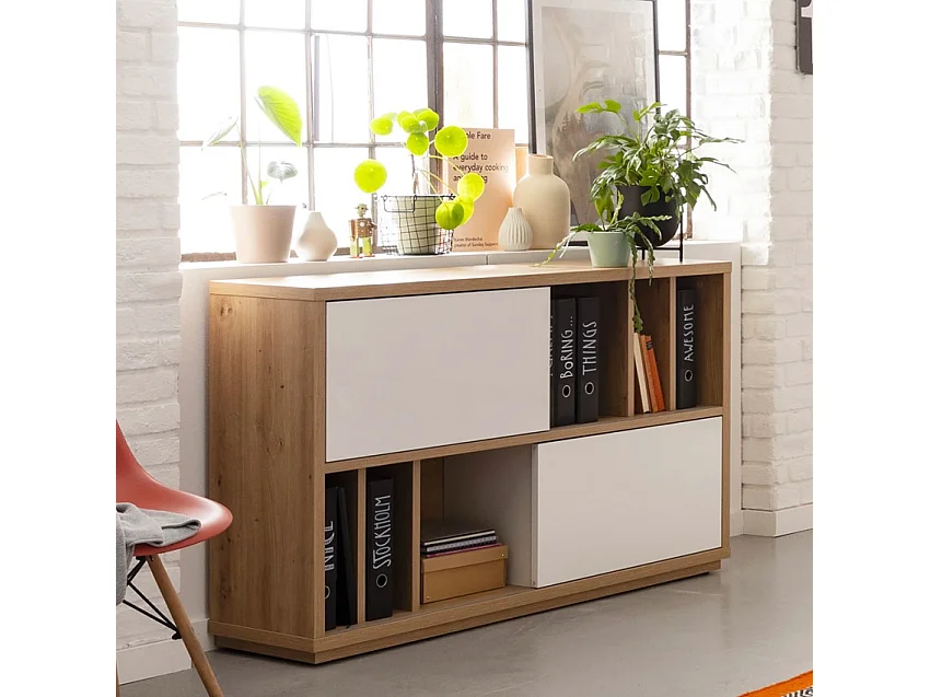 Aparador salón 2 puertas correderas roble blanco lacado Elea