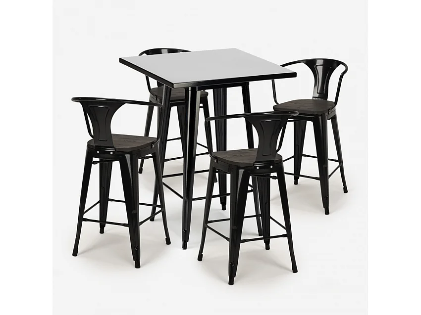 juego mesa alta negro 60 x 60 cm 4 taburetes madera metal bucket wood black - Negro