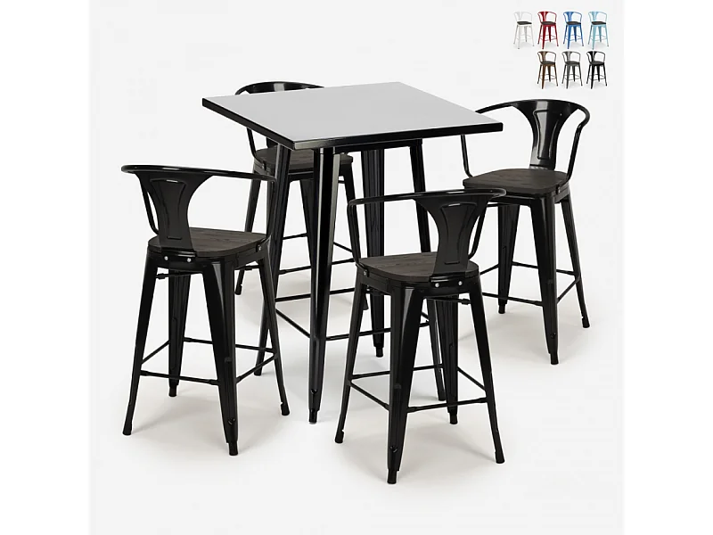 juego mesa alta negro 60 x 60 cm 4 taburetes madera metal bucket wood black - Negro