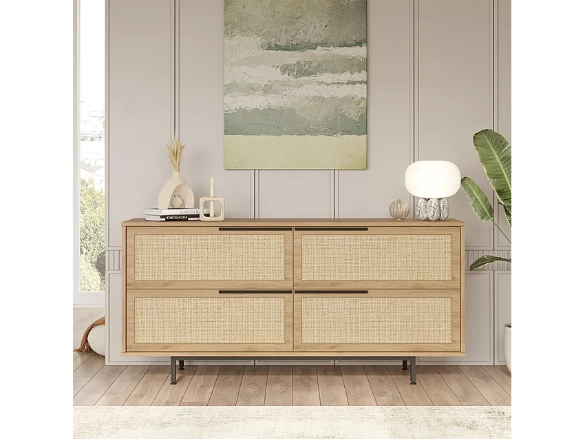 Alacena aparador para salón o cocina de madera con 4 puertas efecto ratán Dhunnan