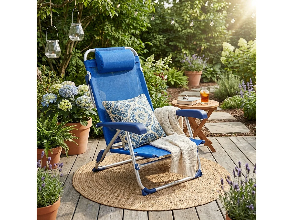 Liegestuhl Strandstuhl Klappbar mit Armlehne aus Aluminium für Strand Gargano - Blau