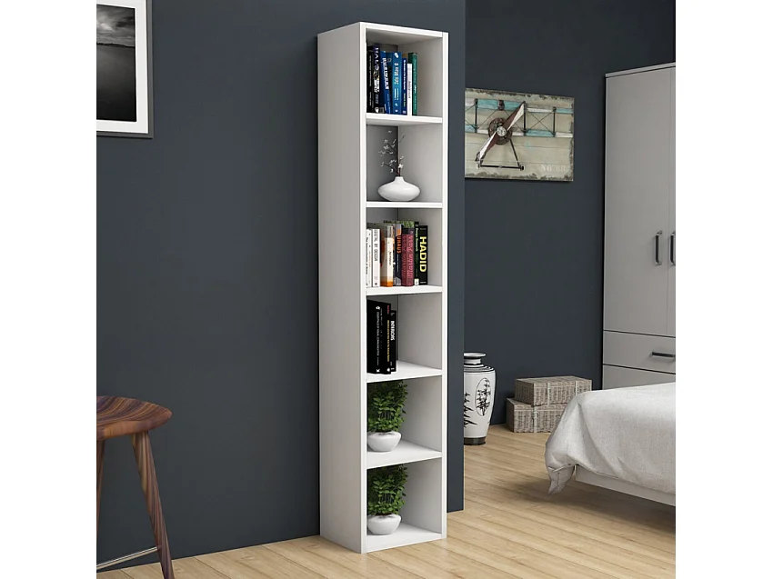 Estantería Librerìa alta y estrecha de madera color blanco 6 compartimentos Tower
