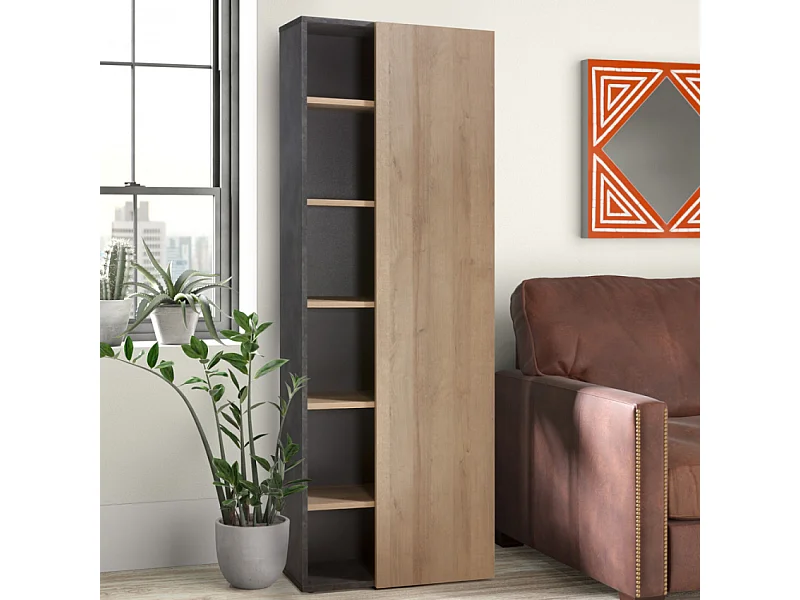 Librería Estantería Alta 6 Estantes Gris y Roble Natural Para Oficina Y Despacho