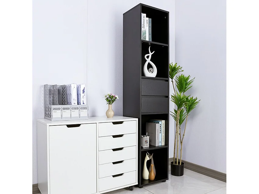 Estantería de oficina o salón alta con 2 cajones y 4 estantes 36x30x171 cm Reiff - Negro