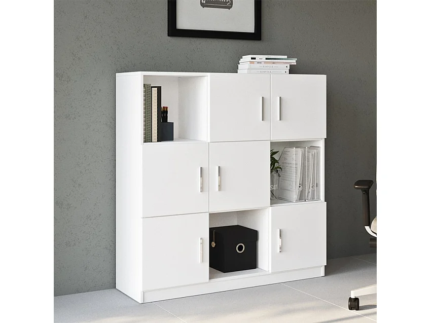 Mueble de almacenamiento multiuso para despacho con librería de 6 puertas color blanco 120x38x122 cm Kaspar