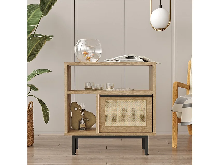 Mobiletto soggiorno 60x26x60cm legno 2 scaffali anta effetto rattan Opoli