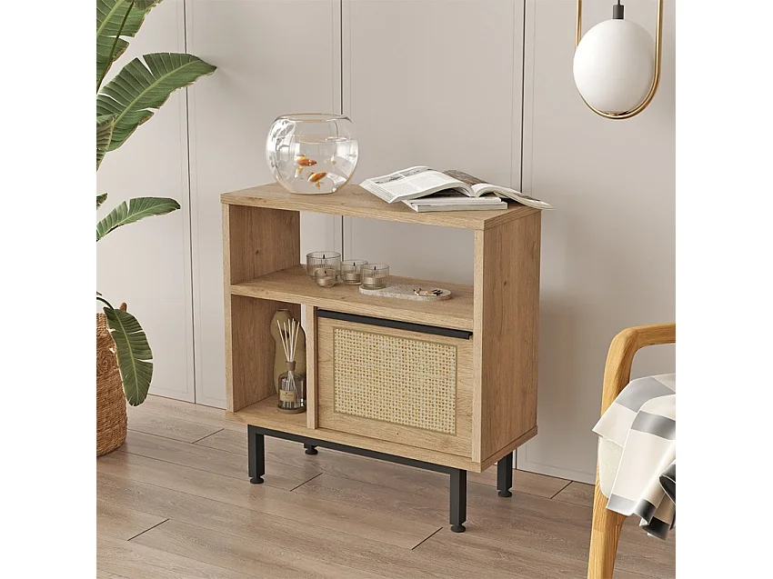 Mobiletto soggiorno 60x26x60cm legno 2 scaffali anta effetto rattan Opoli
