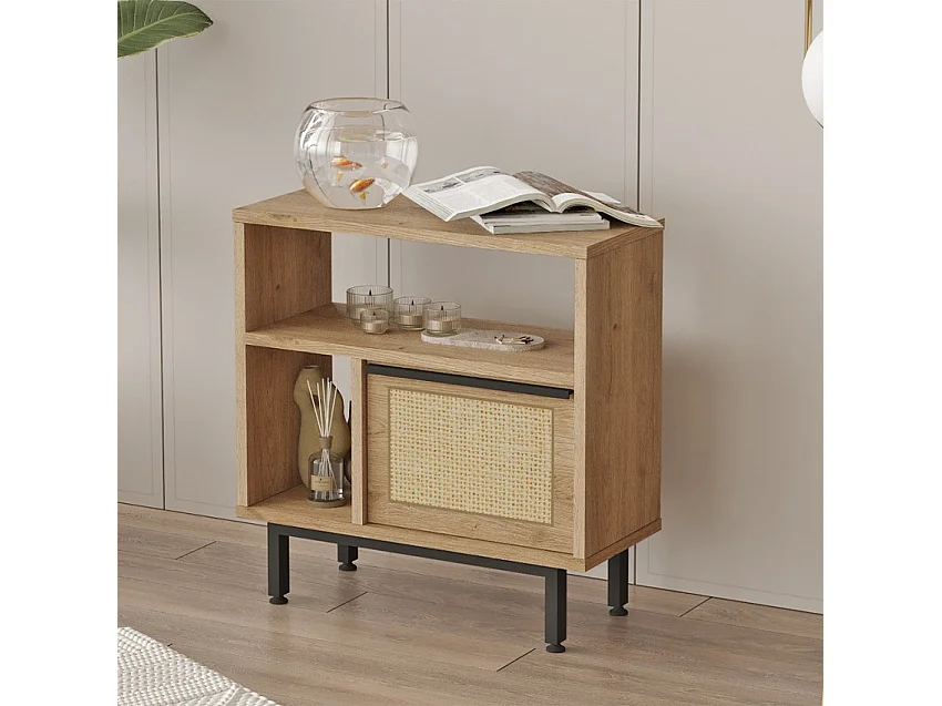 Mobiletto soggiorno 60x26x60cm legno 2 scaffali anta effetto rattan Opoli