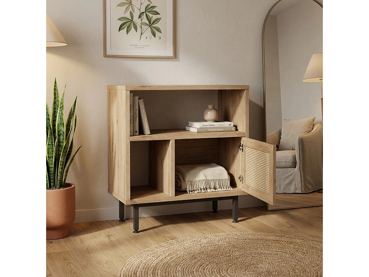 Meuble de rangement 60x26x60 cm en bois 2 étagères effet rotin Opoli