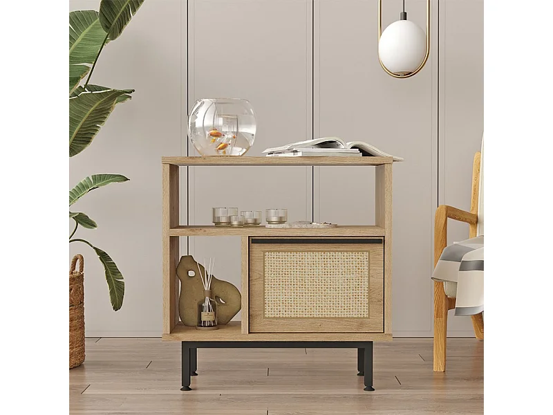 Mobiletto soggiorno 60x26x60cm legno 2 scaffali anta effetto rattan Opoli