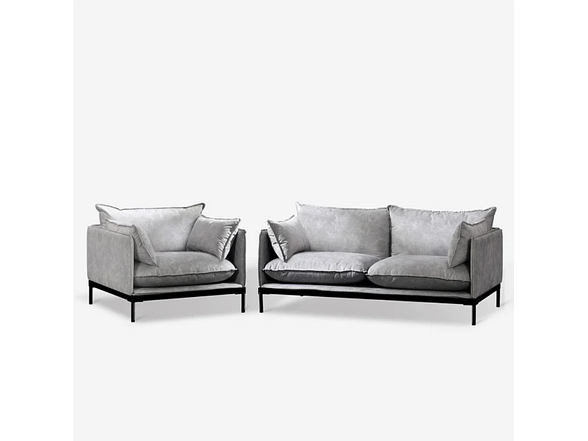 Conjunto de sofá de 2 plazas y sillón en tela gris estilo moderno Hannover