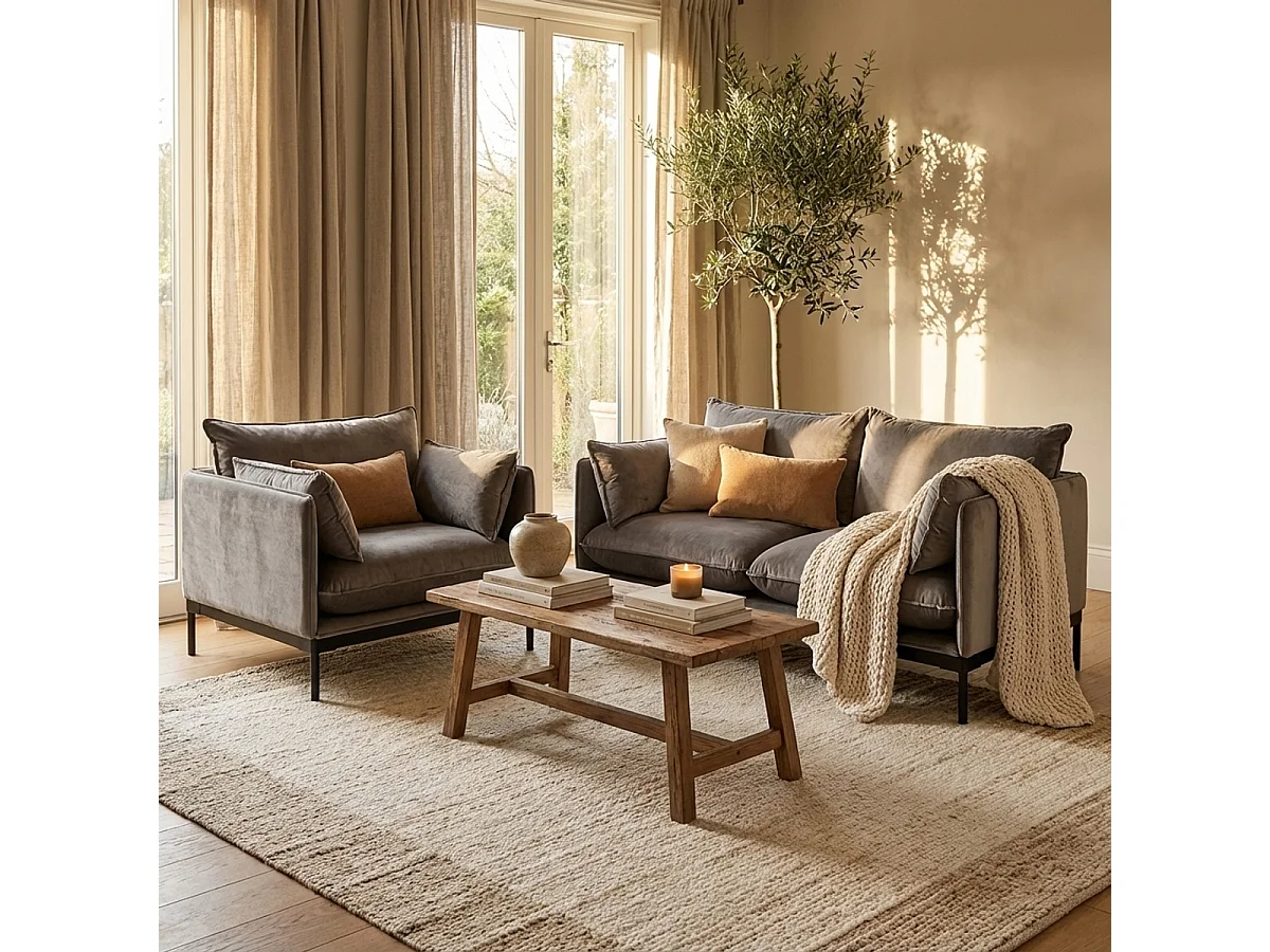 Conjunto de sofá de 2 plazas y sillón en tela gris estilo moderno Hannover