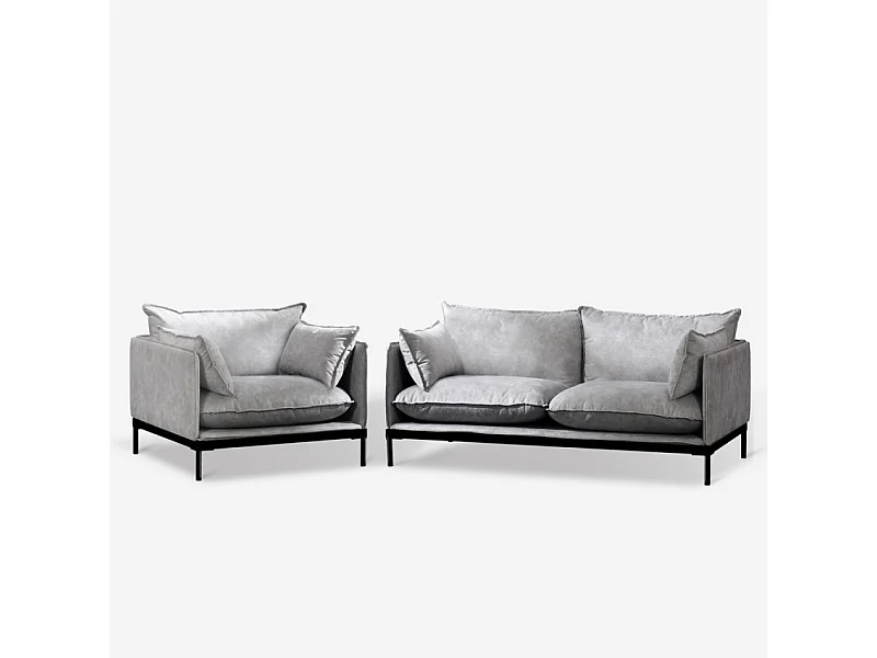 Conjunto de sofá de 2 plazas y sillón en tela gris estilo moderno Hannover