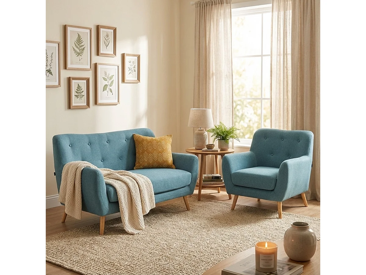 Juego de sofás sillón y sofá 2 plazas diseño escandinavo madera tejido Algot - Azul Marino