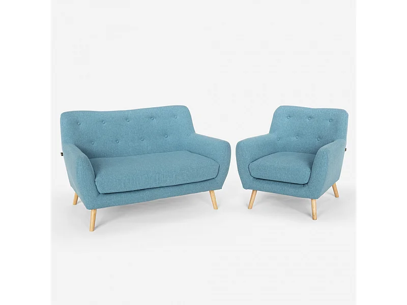 Juego de sofás sillón y sofá 2 plazas diseño escandinavo madera tejido Algot - Azul Marino