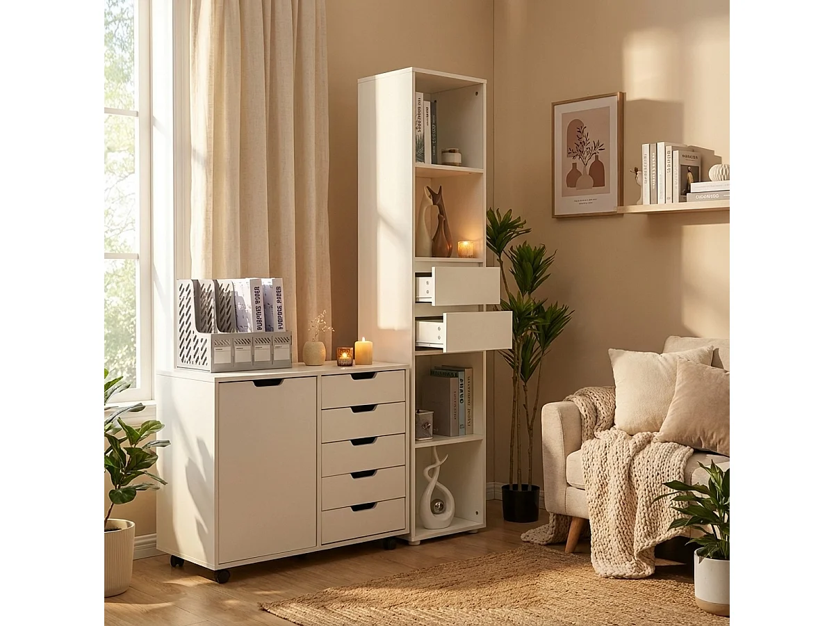 Estantería de oficina o salón alta con 2 cajones y 4 estantes 36x30x171 cm Reiff - Blanco