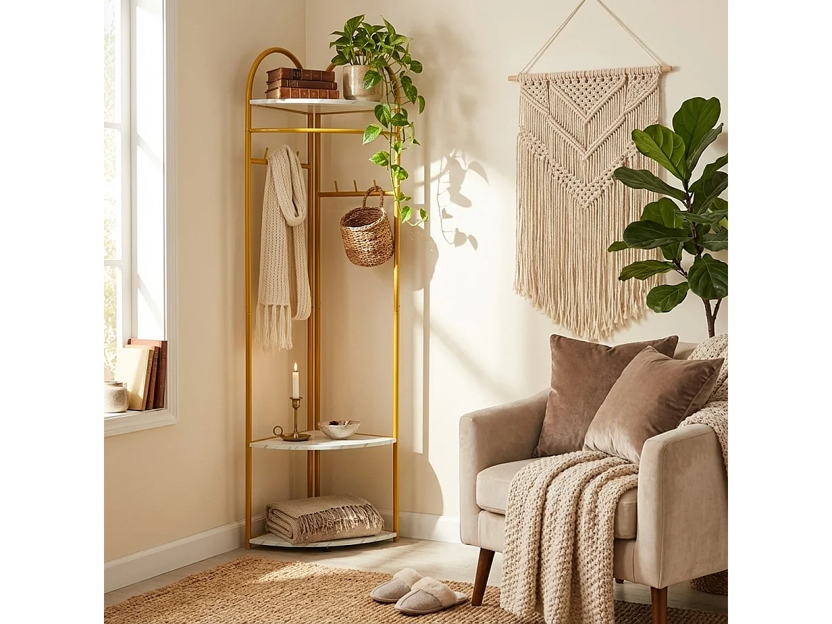 Appendiabiti angolare da terra per ingresso con ripiani salvaspazio Shiney - Gold