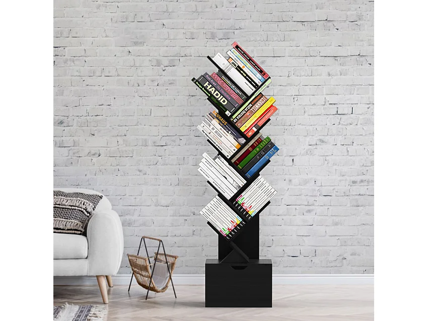 Libreria 10 scaffali design moderno cassetto soggiorno ufficio Treebook 150 - Nero