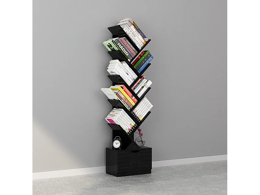 Libreria 10 scaffali design moderno cassetto soggiorno ufficio Treebook 150 - Nero