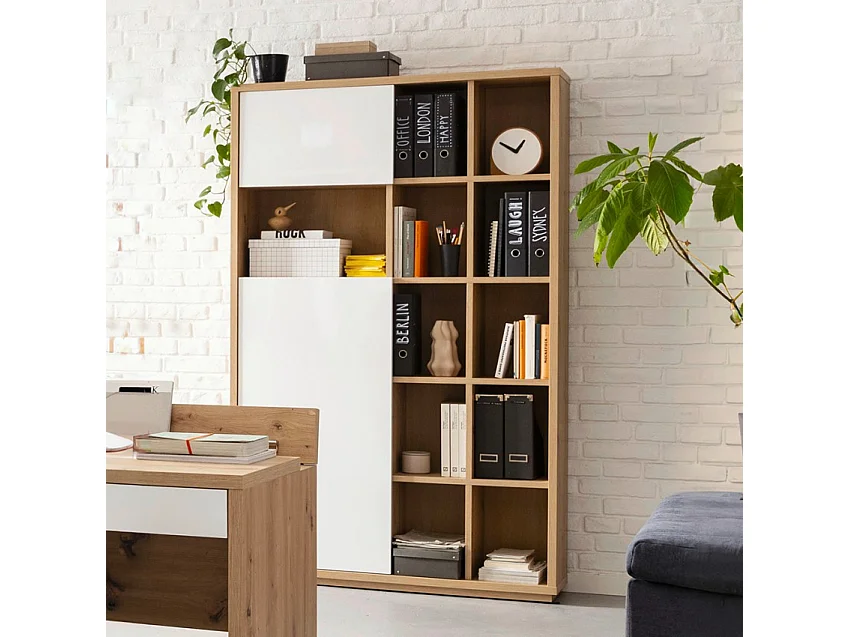 Estantería de salón moderna madera de roble 2 puertas en blanco brillante Sharon