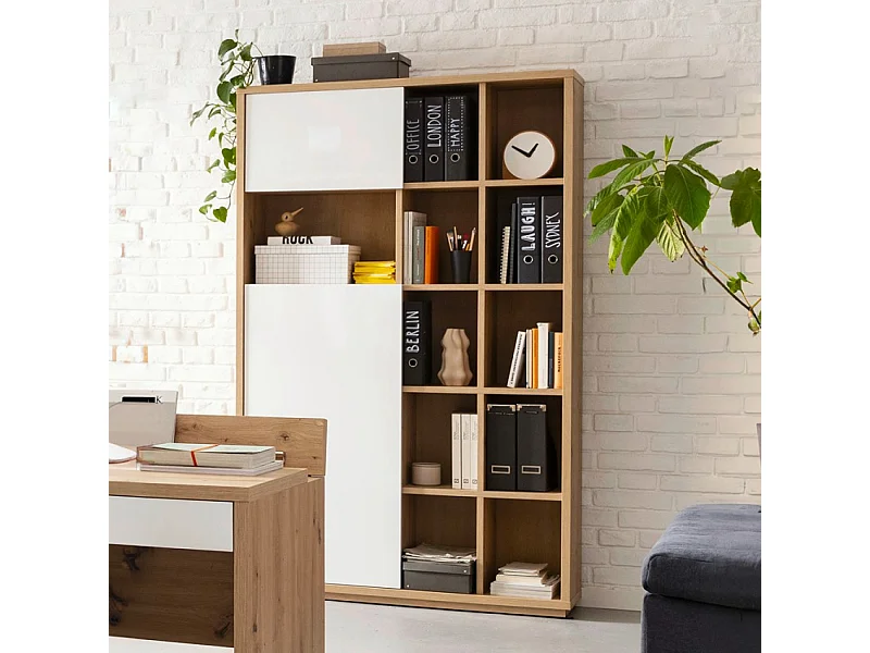 Estantería de salón moderna madera de roble 2 puertas en blanco brillante Sharon