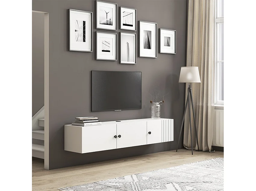 Hängender TV-Schrank aus weißem Holz in modernem Design 150x32x28cm Leo - Weiß