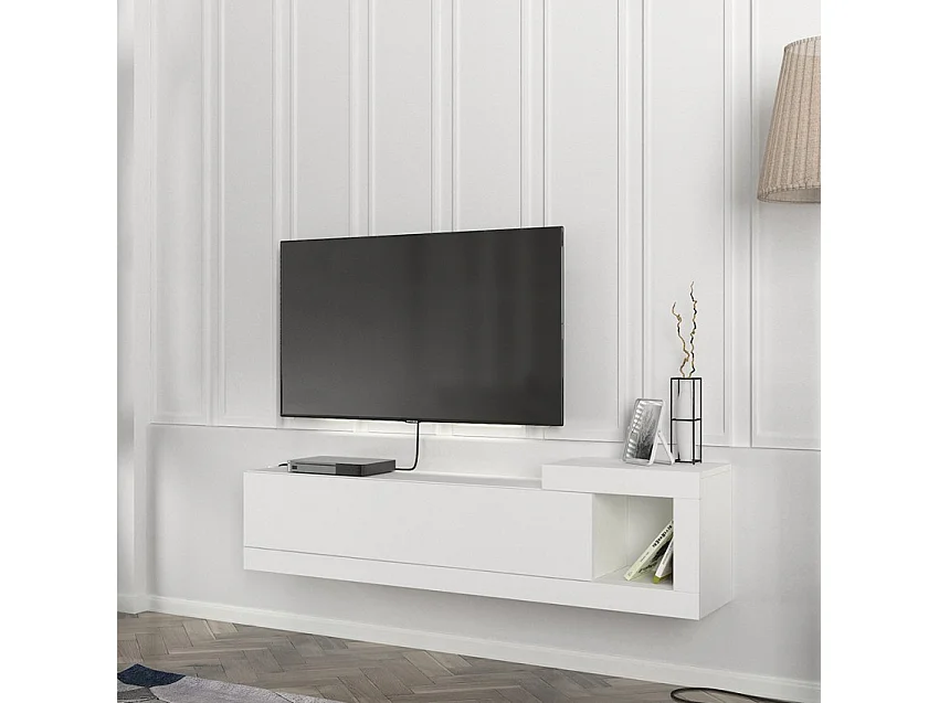 Mueble de TV suspendido de 150 cm para salón moderno con puerta abatible Volare - Blanco