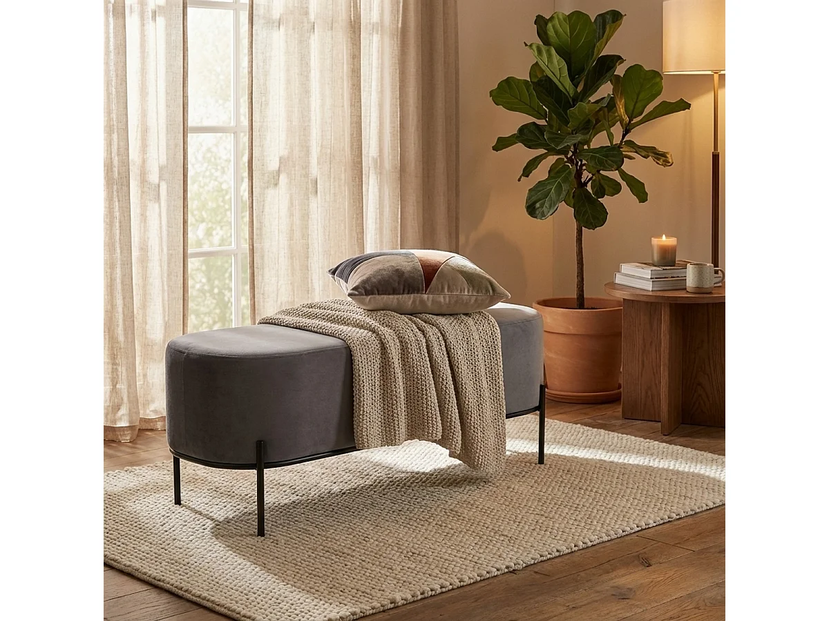 Pouf Fussbank Sitzbank Eingangsbereich Design aus grauem Samtstoff Monet - Dunkel Grau