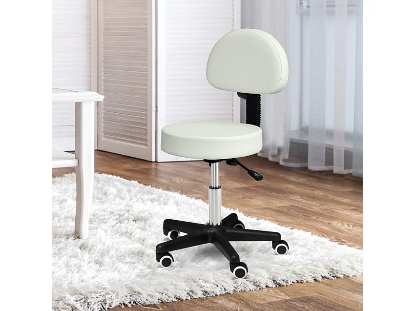 Tabouret à roulettes design esthéticienne dossier bureau simili cuir Lux - Blanc