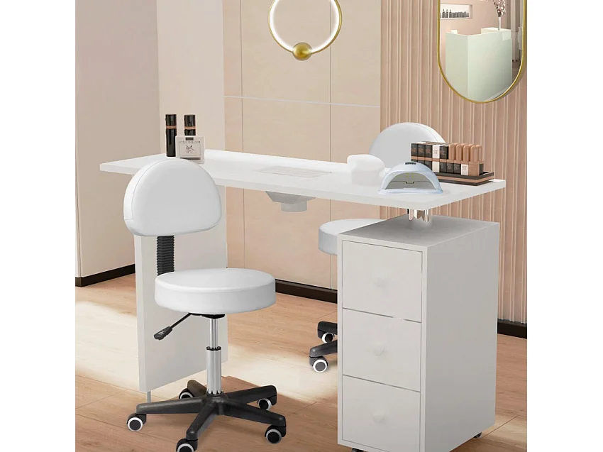 Tabouret à roulettes design esthéticienne dossier bureau simili cuir Lux - Blanc