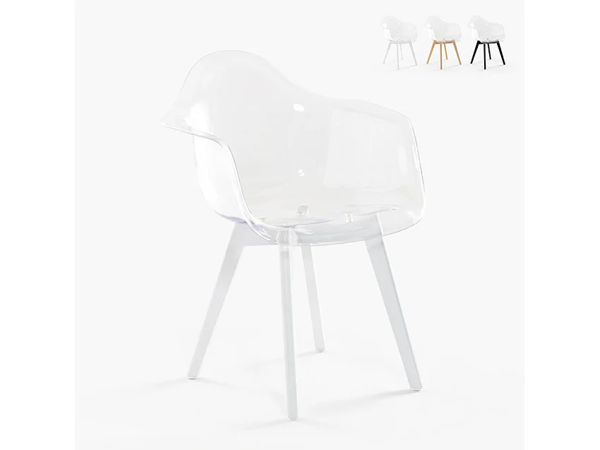 Sedia poltroncina moderna policarbonato trasparente gambe legno Arinor - Bianco