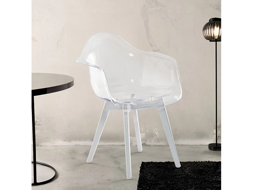 Sedia poltroncina moderna policarbonato trasparente gambe legno Arinor - Bianco
