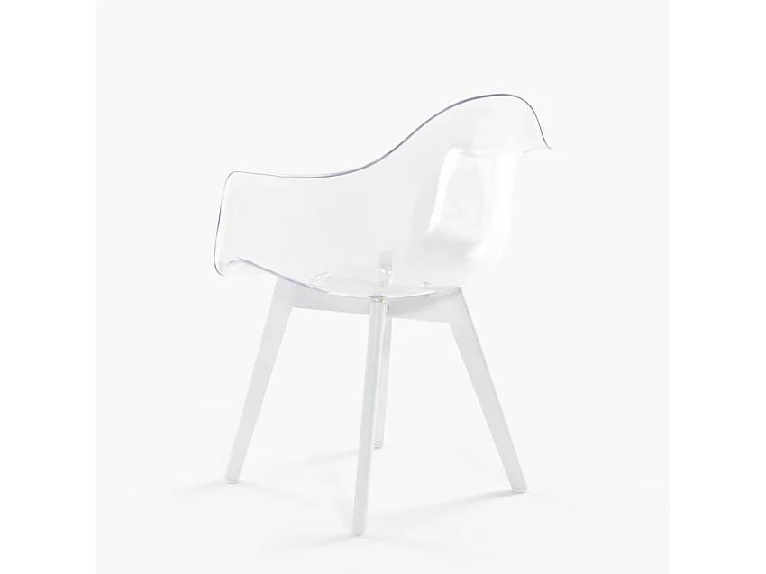 Sedia poltroncina moderna policarbonato trasparente gambe legno Arinor - Bianco