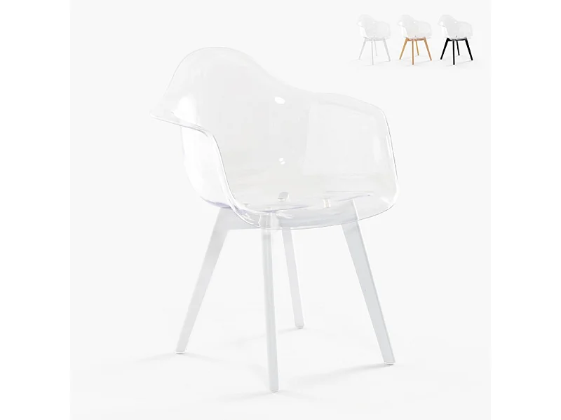 Sedia poltroncina moderna policarbonato trasparente gambe legno Arinor - Bianco
